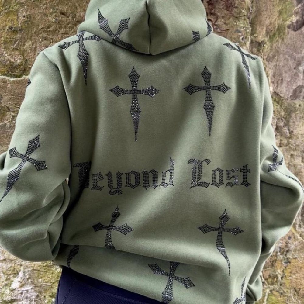 Beyond Lost Oversized Olive Green Rhinestone Hoodie
